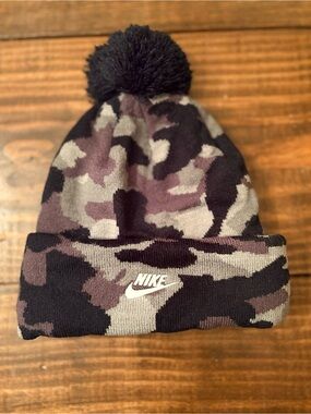 Nike Kids Camo Pom Beanie - Black, Gray & Purple